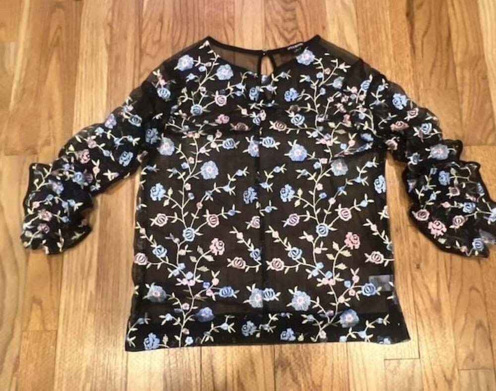 Ups & Downs Size S Black Floral Embroidered Mesh Sheer Long Sleeve Top